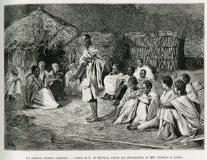 An asmari, a walking singer. Engraving after a photograph, to illustrate the story Voyage au Choa (Abyssinie meridionale), in 1884-1888, by Henry Audon, in le tour du monde 1889, directed by Edouard Charton, Hachette, Paris. by Felicien baron de Myrbach Rheinfeld