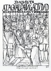 Diego de Almagro, Francisco Pizarro and Friar Vicente de Valverde kneeling before Atahualpa Inca at Cajamarca by Felipe Huaman Poma de Ayala