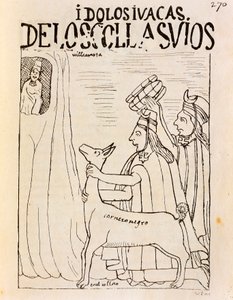 Inca offering llama to idols (Engraving) by Felipe Huaman Poma de Ayala
