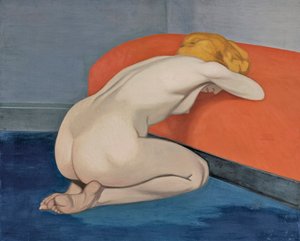 Femme nue agenouillee devant un canape rouge (Naked Woman Kneeling in Front of a Red Couch)