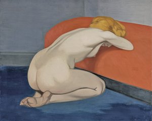Naked Woman Kneeling in Front of a Red Couch