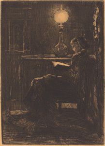 Woman Reading by Lamplight by Felix Hilaire Buhot