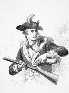 An American Soldier, During the War of Independence, Using His Powder Horn to Prime the Pan of His Flintlock Musket, Engraved by A. Bollett