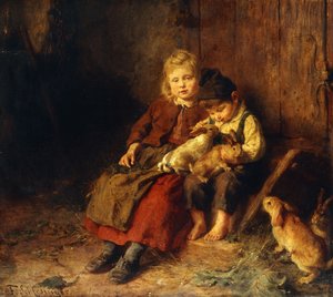 Two Children Playing with Rabbits
