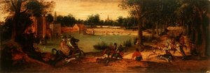 The Boar Hunt (one of a pair of landscapes) by Ferdinand Bol