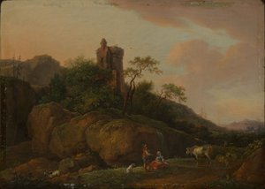 Castle Ruin with Shepherds and Flock by Ferdinand Kobell