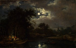 Moonlit Landscape with Fishermen by the Campfire