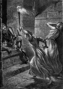 Heroism: Julienne Du Guesclin, the sister of Bertrand Duguesclin, grabbed a swine to repel English soldiers trying to invade Pontorson Castle. 14th century. Engraving from 1864 by Eugene Delacroix.