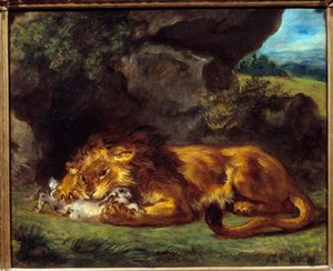 Lion beating a rabbit by Ferdinand Victor Eugene Delacroix