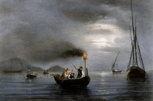 Night fishing by fishing lamp, Colored lithograph by Ferdinand Perrot by Ferdinand Victor Perrot