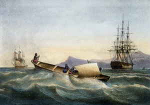 Outrigger canoe from Antilles, Colour lithograph by Ferdinand Perrot