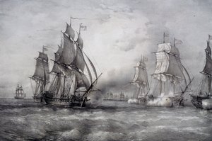 Paul Jones attacking British fleet commanded by Pearson and arriving from Baltic Sea by Ferdinand Victor Perrot
