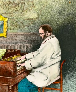 Portrait of Emile Zola playing the organ. Engraving by Desmoulin by Fernand Desmoulin