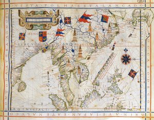Plane-Chart, Pre-Mercator Map of 1571 by the Portuguese Cartographer Fernao Vaz Dourado. Map of East India, Bay of Bengal, South East China, Thailand, Borneo, and Japan. The Tropic of Cancer is Named. by Fernao Vaz Dourado