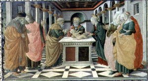 The Presentation in the Temple, predella panel to The Nativity altarpiece in the Museo Civico by Filippino (and workshop) Lippi
