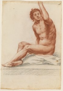 Male Figure with His Body Turned Left, His Left Arm Reaching Upwards, Sitting on a Cloth by Filippo Esegrenio