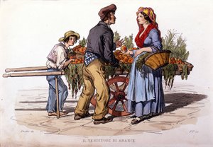 Small business of Naples: the walking seller of oranges. Engraving after a painting by F. Palizza. From 