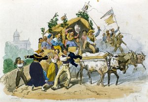 Neapolitans come back cheerfully from the excursion to Montevergine. Drawing by F. Palizzi from 