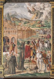 The Saint appearing to the blessed Luca Belludi predicting the liberation of Padua, School of the Saint by Filippo da Verona