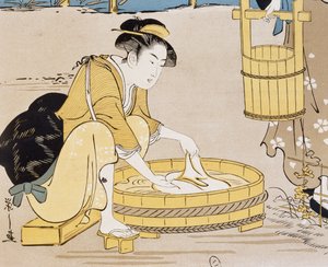 Women washing in river, cover by Firmin Gillot, Le Japon Artistique, art and industry documents collected by Siegfried Bing, monthly publication July 1889, France by Firmin Gillot