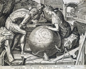 Characters leaning above the globe with compass (allegory of geometry) by Flemish School