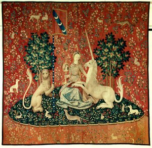 The Lady with the Unicorn. Reproduction of a tapestry dating back to 1500 facsimile