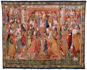 Flemish Tapestry. Series Episodes from the Life of the Virgin. The Prophecies are Fulfilled at the Birth of Christ. First Tapestry in the Series. Models Attributed to Jan von Roome. Manufacture Pieter van Aelst, Brussels. Ca 1502-1504 by Flemish School