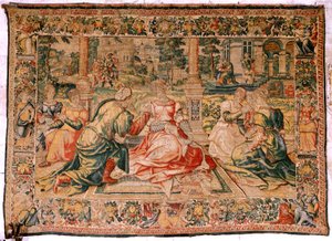 Flemish tapestry. Series Mark Anthony and Cleopatra. Cleopatra and her court. Model Cartoon attributed to Pieter Coecke van Aelst. Manufacture Brussels(?). Second half of 16th century. Fabric Silk and wool. Size 310 x 435 cm by Flemish School