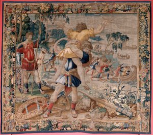 Flemish tapestry. Series The Labours of Hercules. Hercules and Antaeus. Fourth tapestry in the extant series. Model Unknown. Manufacture Willem Dermoyen, Brussels. Ca 1528. Fabric Silk and wool. Size 362 x 403 cm. Location Royal Palace