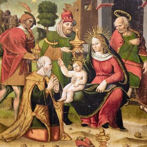 Holy family and three wise men by Flemish School