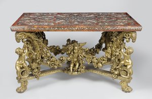 Marquetry table on carved and gilded lime wood base by Flemish School