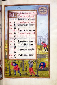 Cutting Trees and Binding Faggots, illuminated page for February, from a Book of Hours, c.1500