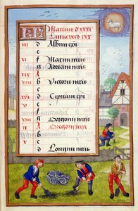 Digging and Tree Planting, illuminated calendar page for March, from a Book of Hours, c.1500