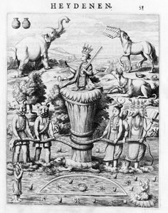 Samudramathana, with the Participation of Deva (Surya, Shiva, Vishnu, Brahma) with Demons and Mounts. According to Baldaeus Philippus Afgoderye der oost-indische Heydenen. Amsterdam 1672