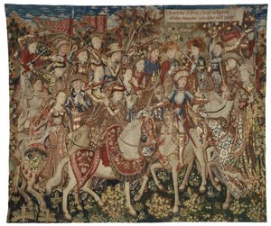 Tapestry featuring Hercules and his Companions on Mount Olympus, possibly made in Tournai, c.1465-70