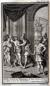 Ulysses seconded by Telemachus and two of their shepherds disband all the pursuers. Illustration for book XXII of the Odyssey by Homer, in the Odyssey, published in Amsterdam in 1731, Private Collection Milan