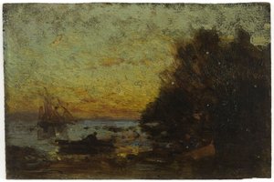 Boat and sailboats, sunset. On reverse: Marine, between 1850 and 1860 by Félix Ziem