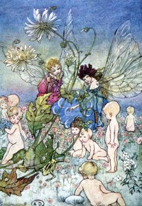 Woman-Dragonfly (Fairy) and Elf Surrounded by Babies by Florence Anderson