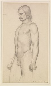 Male Nude - Academic Study, Three-Quarter Length Nude, with Moustache and Clenched Fists by Ford Madox Brown