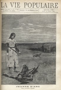 In front of the troop of armed knights, Joan of Arc in armor, looks with sadness at the body of a dead knight. Illustration by Bernard Borione for Joan of Arc by Joseph F by Fortune Louis Meaulle