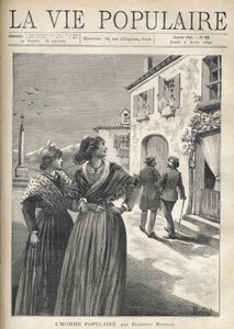 In the streets of a village in Provence, two pretty women in Provencal dresses turn back to the street to confront a man who turns confidently towards their eyes. Illustration by Montegut for The Popular Man by Frederic Mistral (1830-1914). Engraving by Fo by Fortune Louis Meaulle