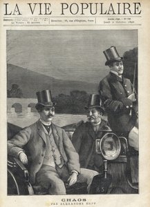 Two men in suit and top hat set up in a horse hitch, led by a coachman. They