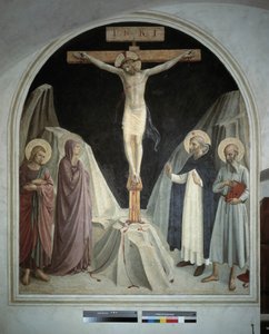 The Crucifixion of Christ with the Virgin Mary, Saint John the Evangelist, Saint Jerome, Saint Dominic. Inscription 