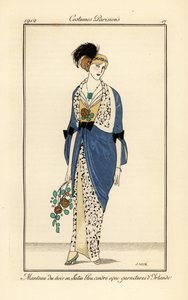 Woman in Evening Gown of Ash Blue Satin with Irish Lace