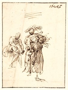 Sketch of Woman Walking with a Child at Her Side and a Seated Figure Behind