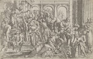 Saint Roch at left distributing alms to a group of people gathered around him, 1590-1600 by Francesco Brizio