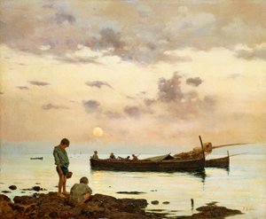 Marina with Fishing Boat and Boys, by Francesco Lojacono by Francesco Lojacono