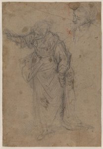 Heavily Draped, Standing Woman Turned to the Right and Looking Down with Her Right Arm Stretched Out, and a Sketch for a Head by Francesco Montelatici