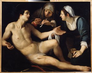 Saint Sebastian. He is treated for his wounds by a young widow, Saint Irene. Painting by Francesco Rustici (c.1575-1626) by Francesco Rustici
