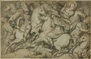Cavalry Skirmish (front); Kneeling Ecorché (back) by Francesco Salviati